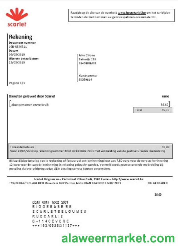 Belgium Scarlet utility bill template in Word and PDF format (.doc and .pdf)